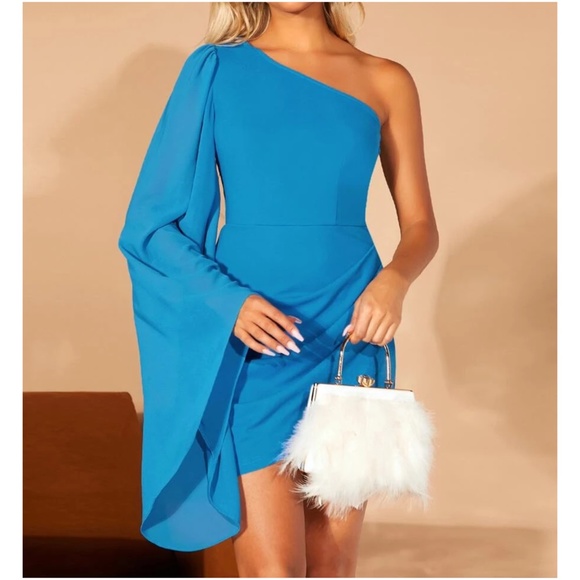 Luxe Hot Pink One Shoulder Flare Sleeve Mini Dress - Picture 4 of 9